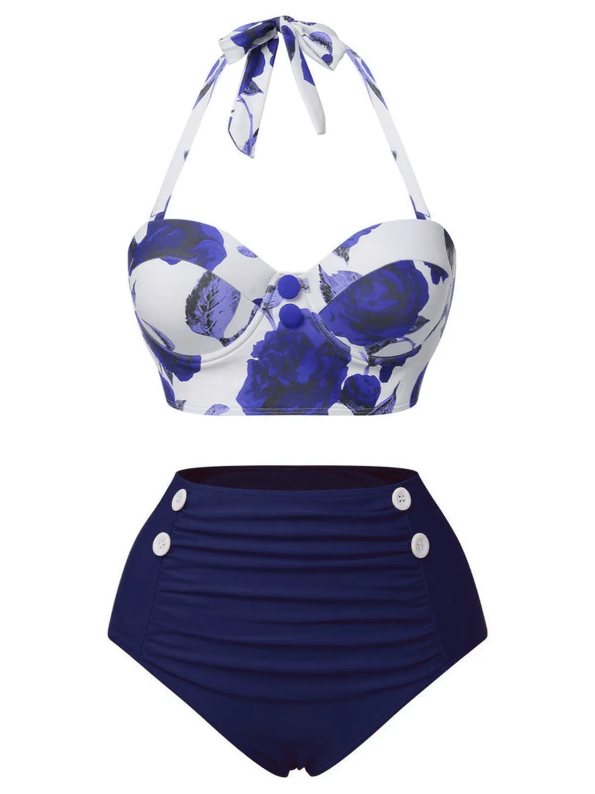 Blue 1960s Halter Roses Swimsuit sold by Retro Stage