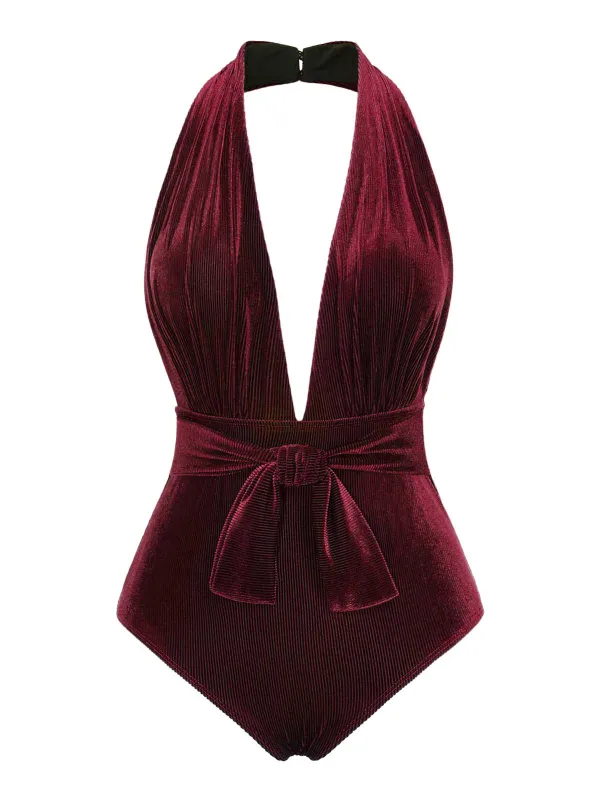 Wine Red 1970s Velvet Deep V-Neck Swimsuit sold by Retro Stage