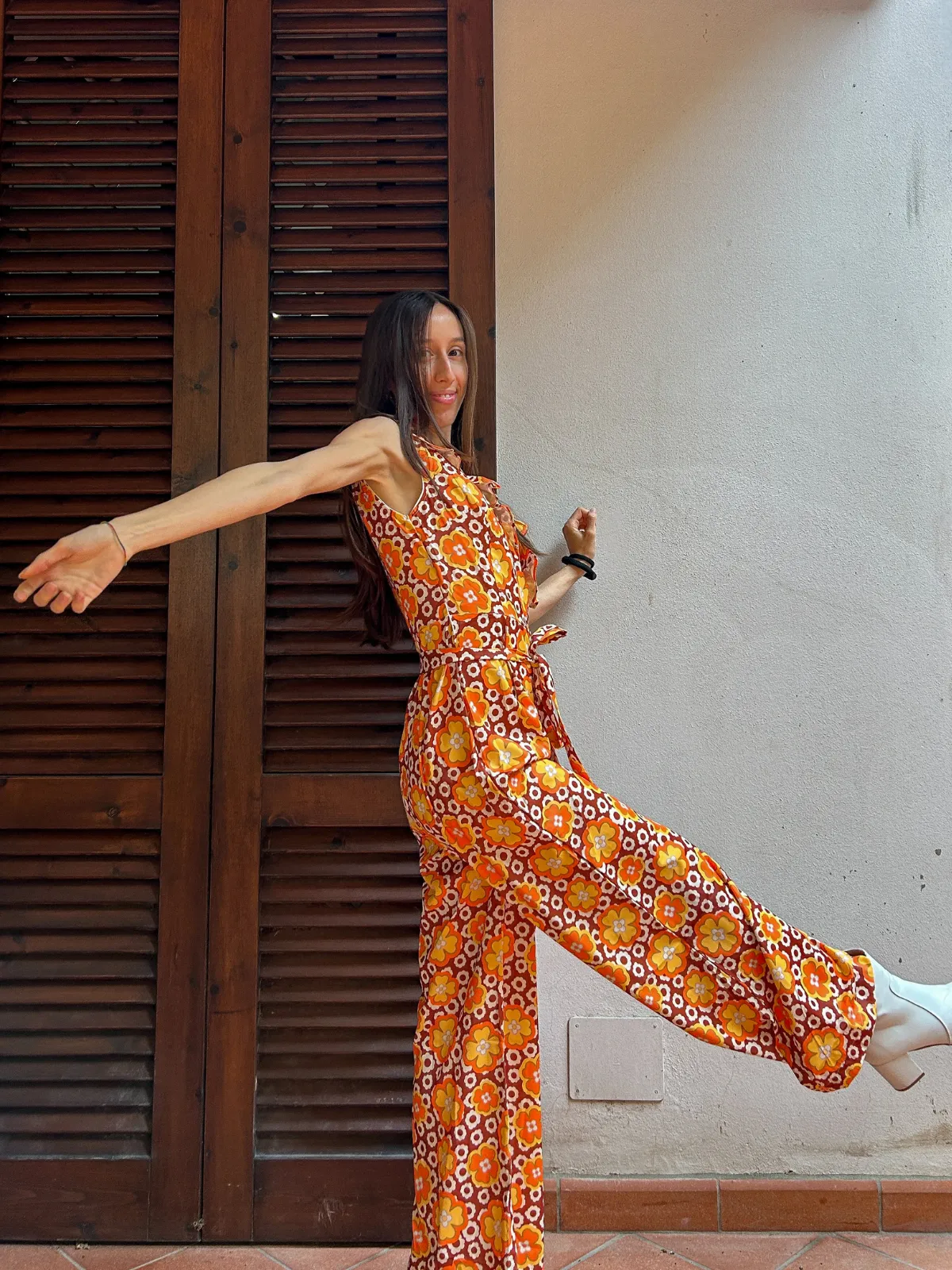 1970s V-Neck Floral Belted Sleeveless Jumpsuit sold by Retro Stage