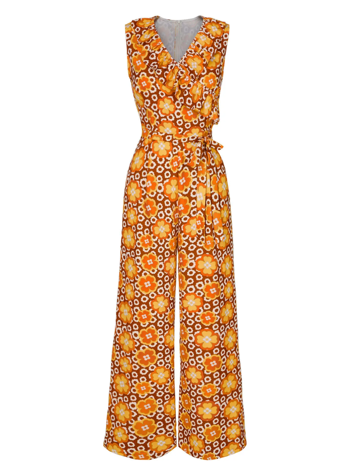1970s V-Neck Floral Belted Sleeveless Jumpsuit sold by Retro Stage product image thumbnail 3