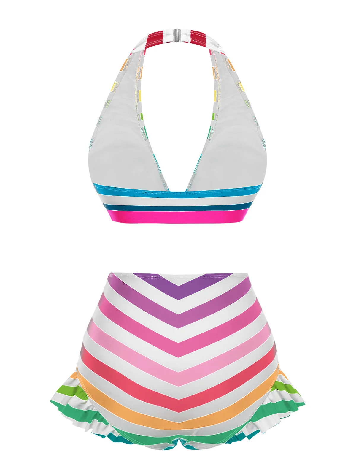 Rainbow 1950s Contrast Bow Ruffle Stripes Bikini sold by Retro Stage product image thumbnail 2