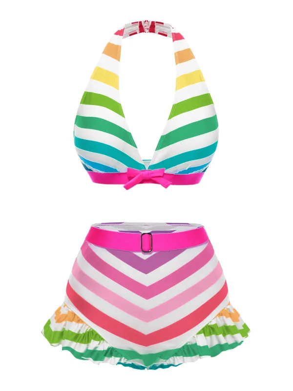 Rainbow 1950s Contrast Bow Ruffle Stripes Bikini sold by Retro Stage