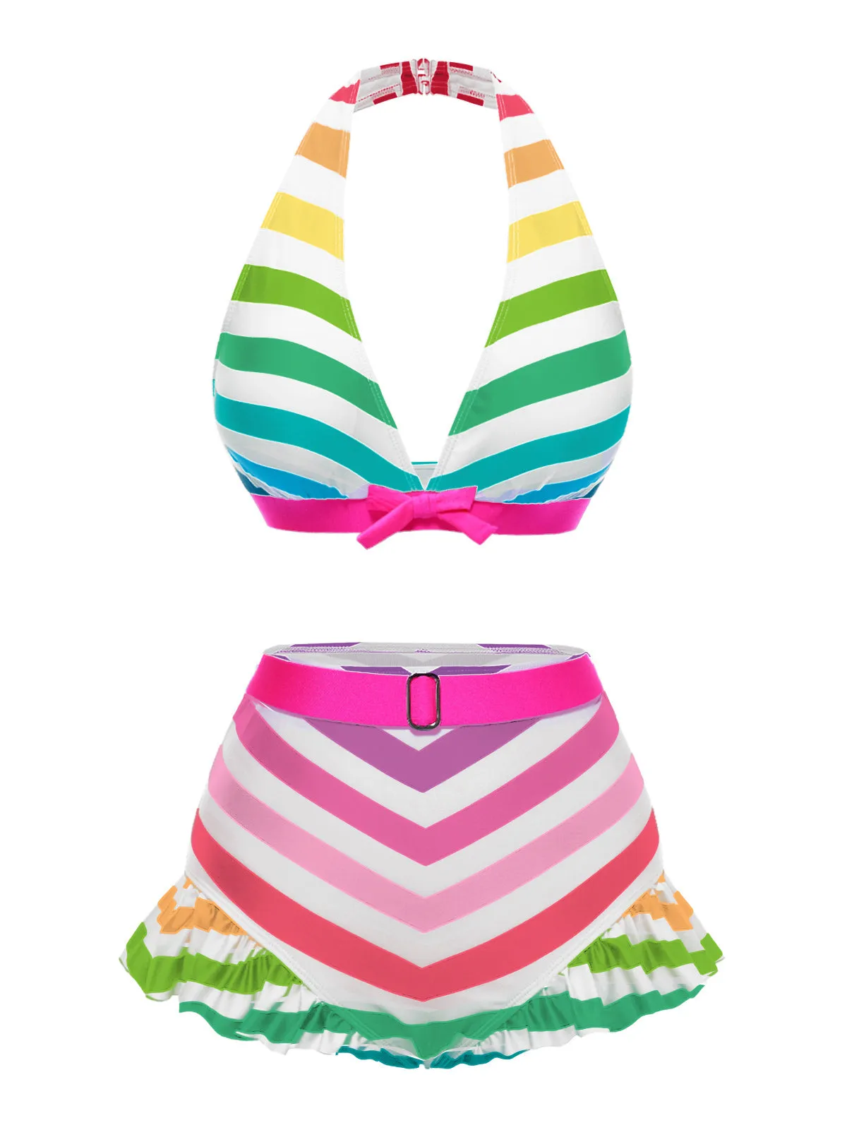 Rainbow 1950s Contrast Bow Ruffle Stripes Bikini sold by Retro Stage