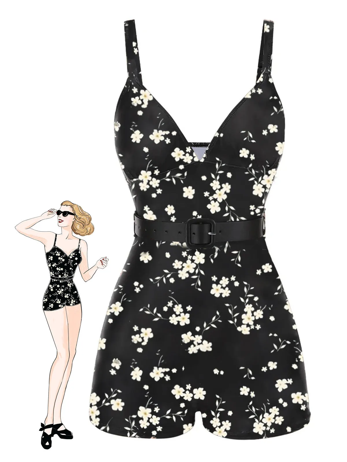 Black 1940s Floral Boxer Straps Swimsuit sold by Retro Stage