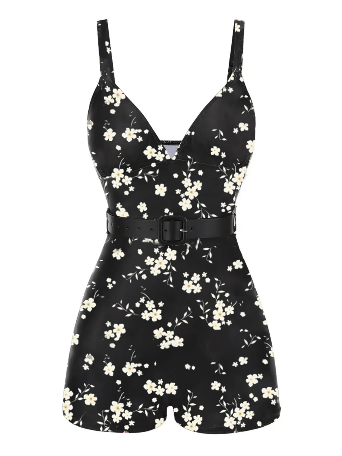 Black 1940s Floral Boxer Straps Swimsuit sold by Retro Stage product image thumbnail 2