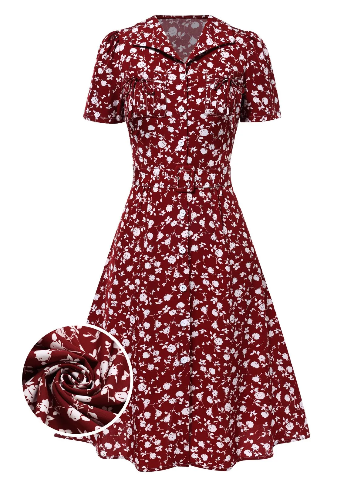 Red 1940s Lapel Buttons Ditsy Floral Dress sold by Retro Stage