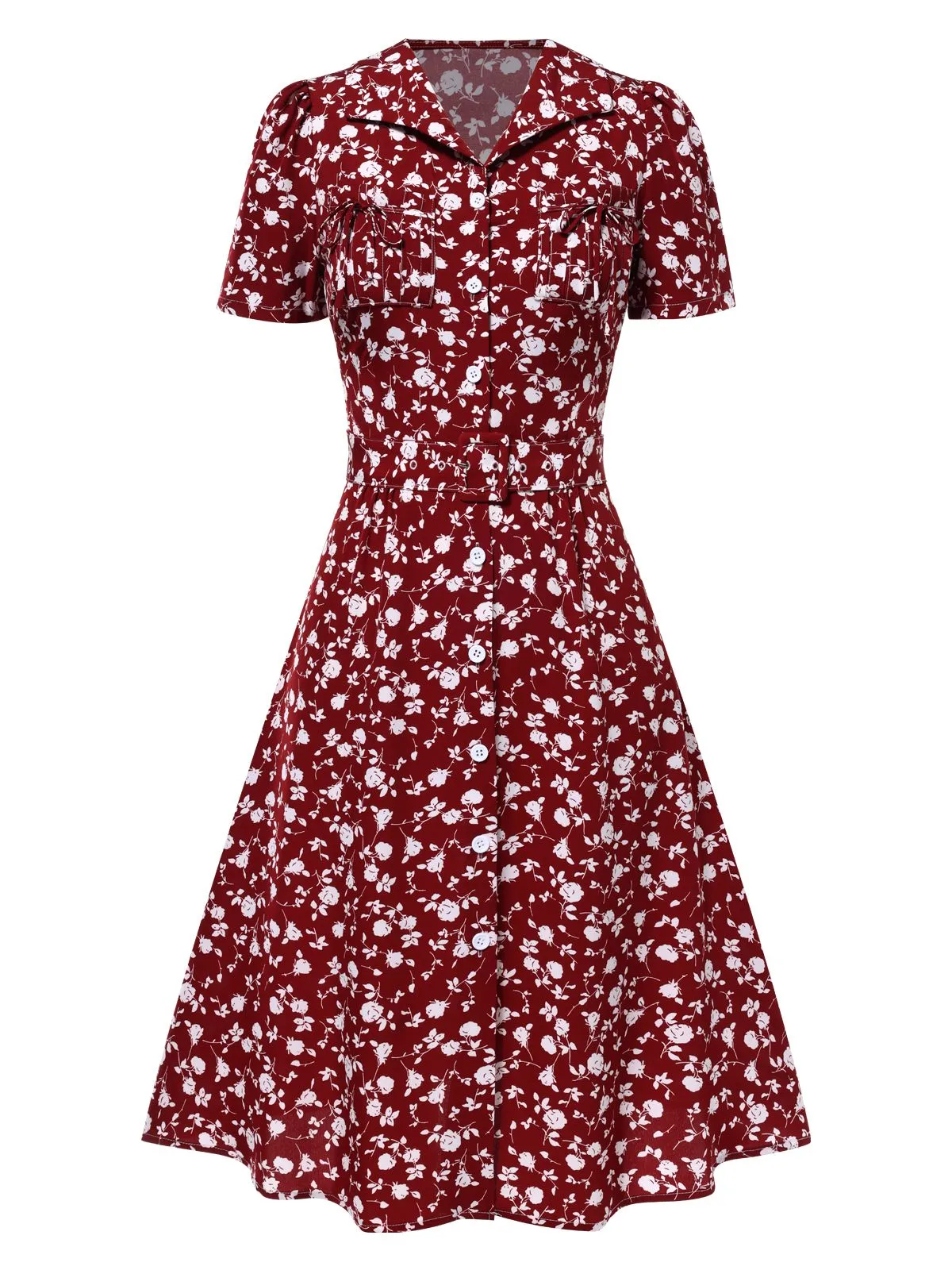 Red 1940s Lapel Buttons Ditsy Floral Dress sold by Retro Stage product image thumbnail 2