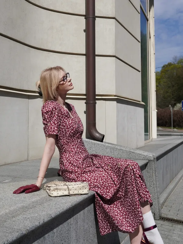 Wine Red 1940s V-Neck Ditsy Floral Dress sold by Retro Stage