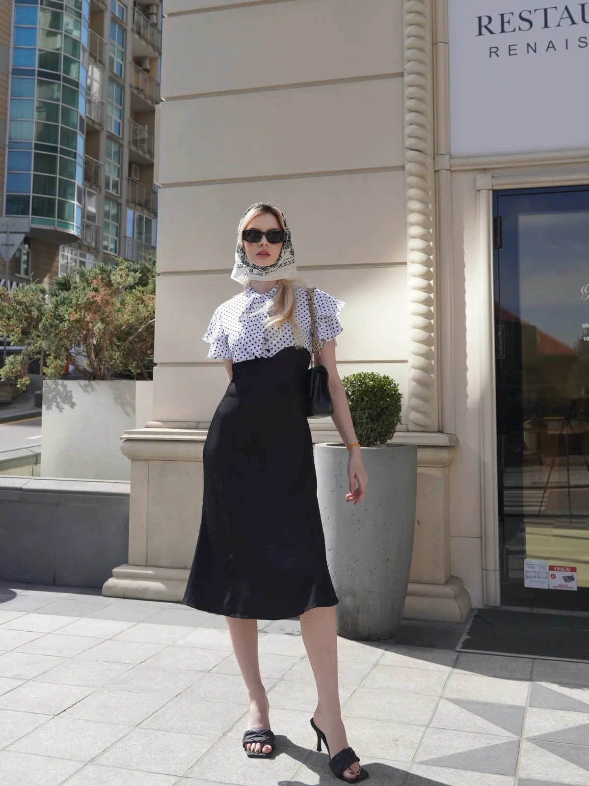 Black 1930s Dots Tie Neck Mermaid Dress sold by Retro Stage