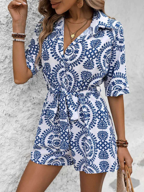 1950s Shirt Neck Print Belted Romper sold by Retro Stage