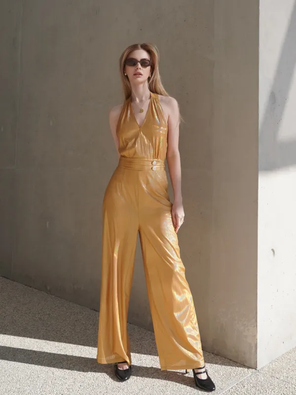 Gold 1970s Solid V-Neck Halter Jumpsuit sold by Retro Stage