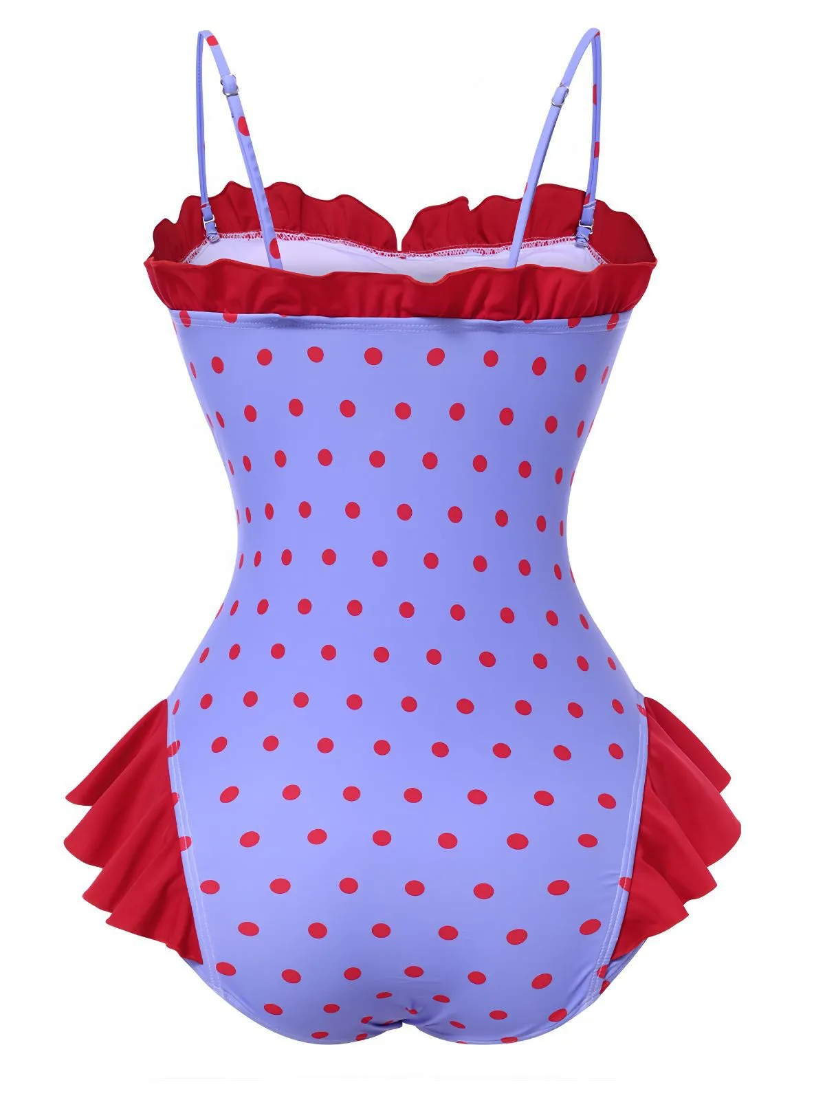 Purple 1950s Polka Dots Ruffles One-Piece Swimsuit sold by Retro Stage product image thumbnail 2