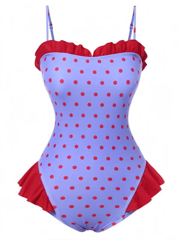 Purple 1950s Polka Dots Ruffles One-Piece Swimsuit sold by Retro Stage