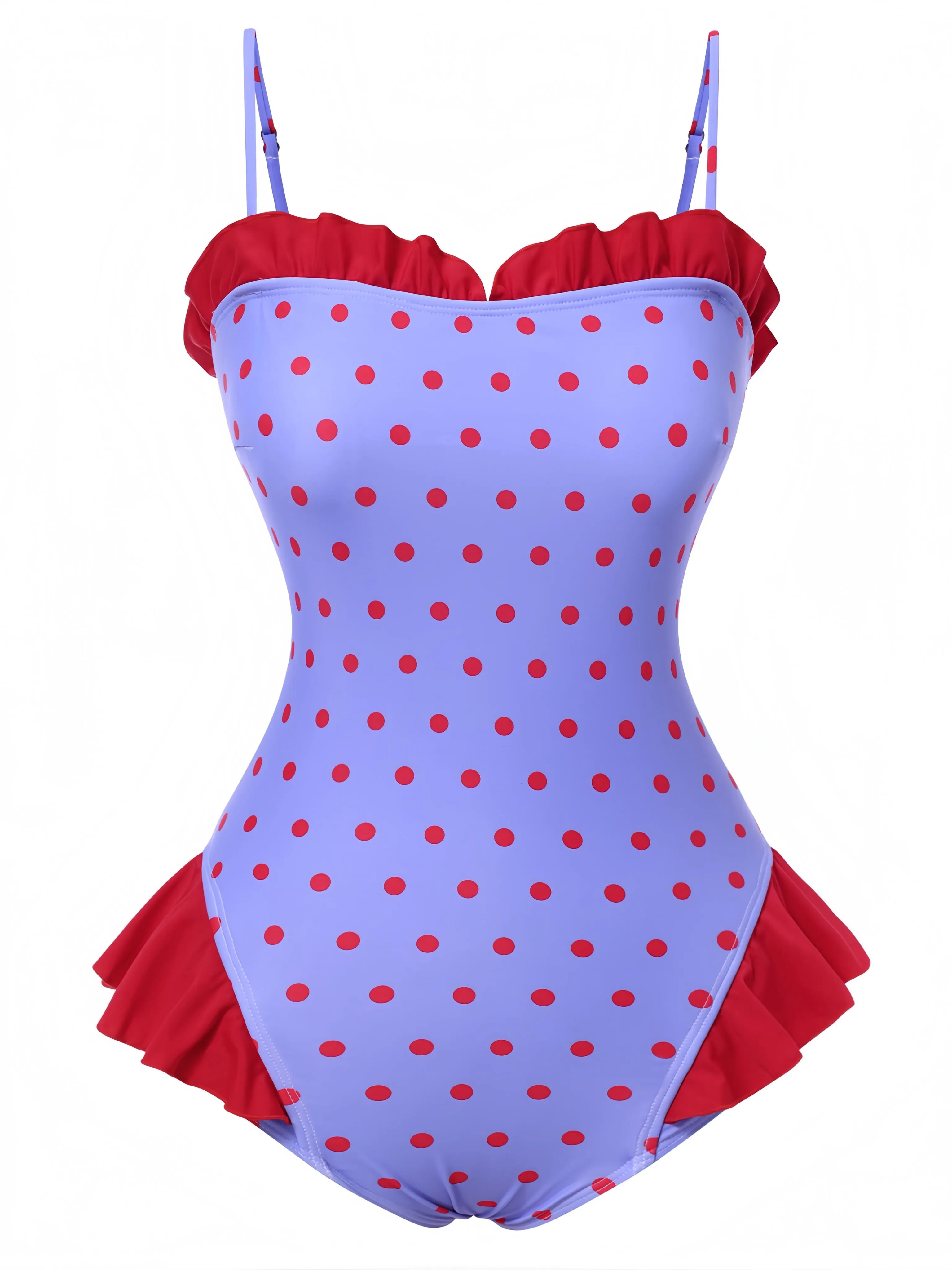Purple 1950s Polka Dots Ruffles One-Piece Swimsuit sold by Retro Stage