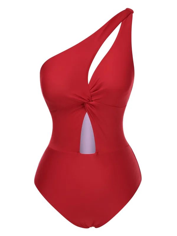 1930s One-Shoulder Cut-Out Solid One-Piece Swimsuit sold by Retro Stage