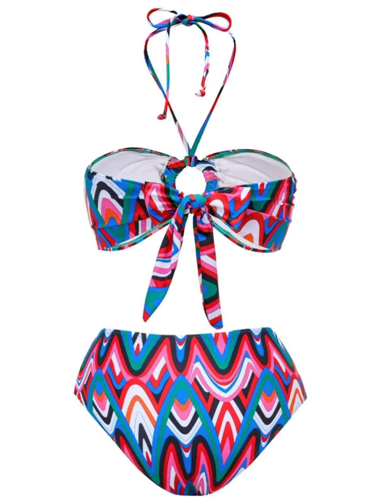 3PCS 1970s Fringe Print Lace-up Halter Bikini Set & Cover Up sold by Retro Stage product image thumbnail 3