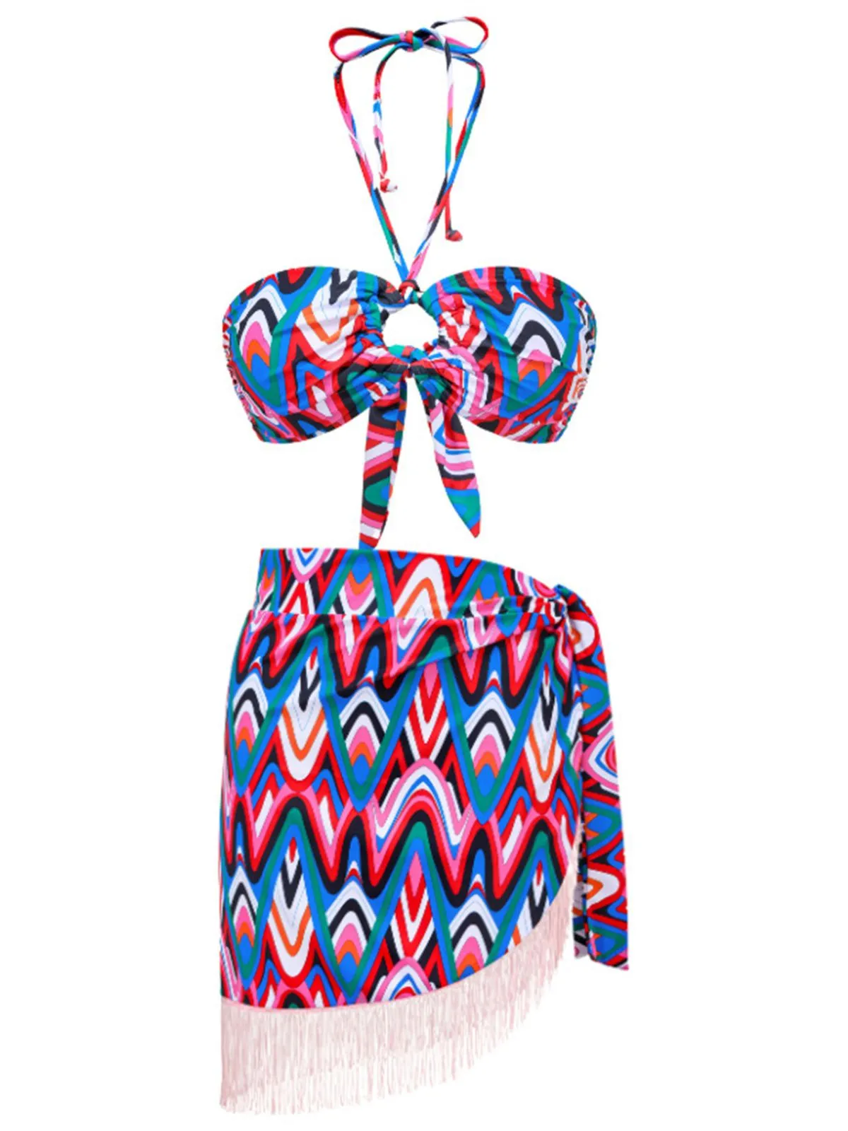 3PCS 1970s Fringe Print Lace-up Halter Bikini Set & Cover Up sold by Retro Stage product image thumbnail 2