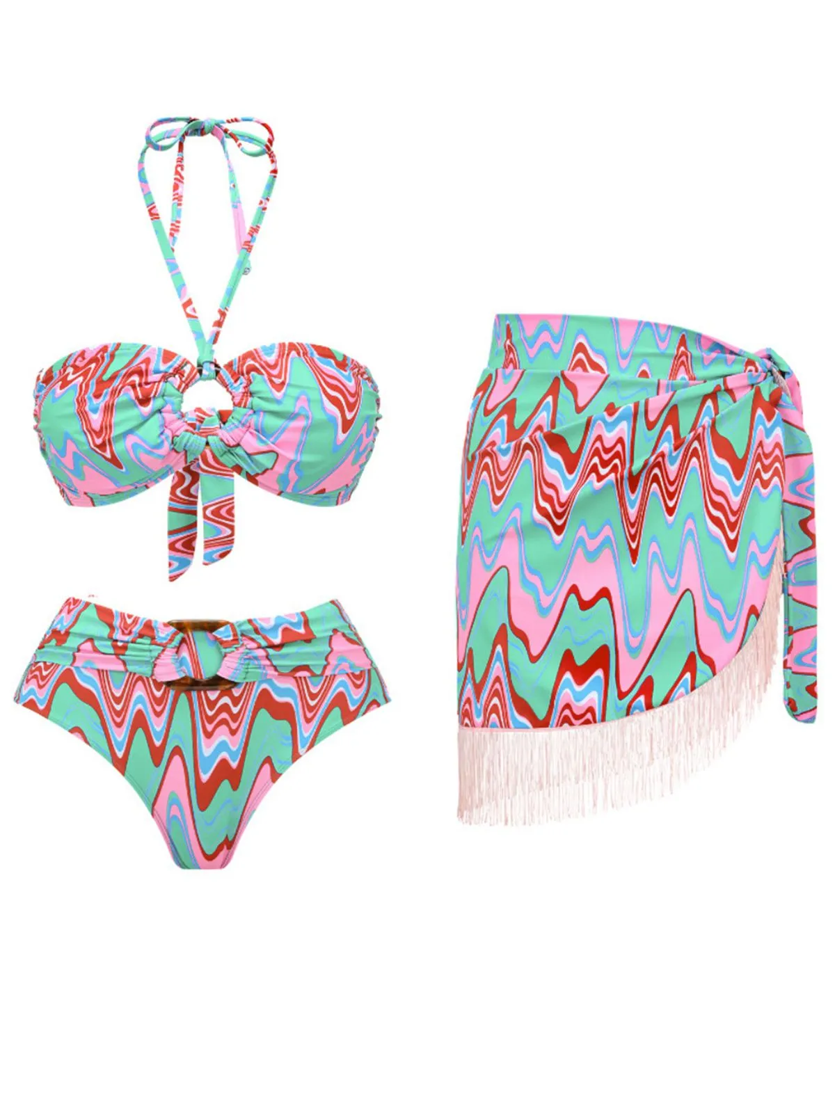 3PCS 1970s Fringe Print Lace-up Halter Bikini Set & Cover Up sold by Retro Stage product image thumbnail 5