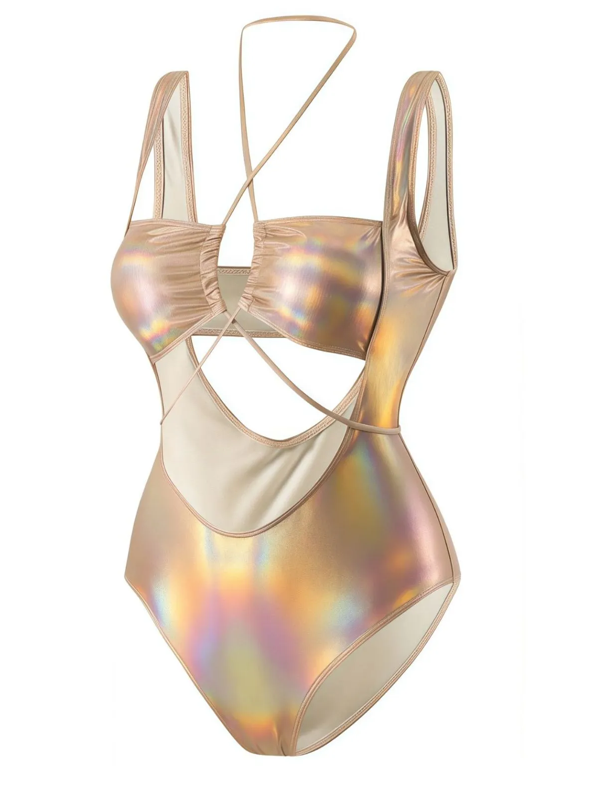 1970s Halter Cut-Out Metallic One-Piece Swimsuit sold by Retro Stage product image thumbnail 2