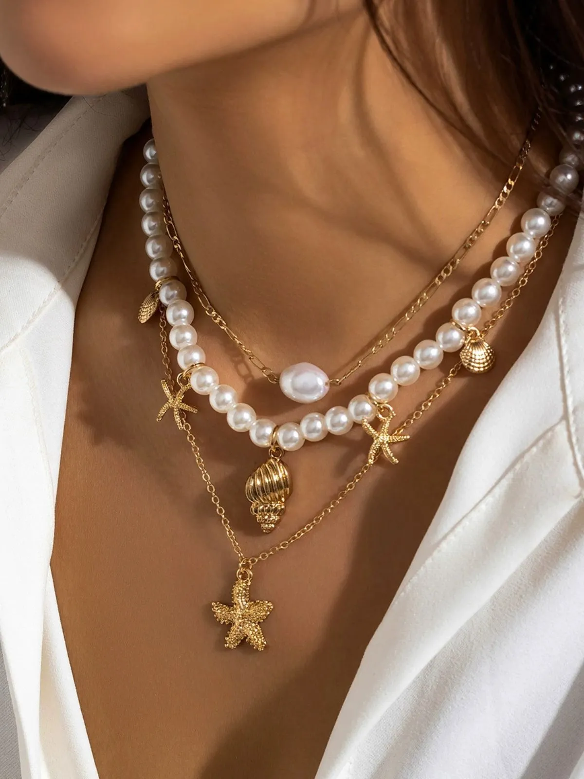 Starfish Seashell Pearl Layered Chain Necklace sold by Retro Stage product image thumbnail 2