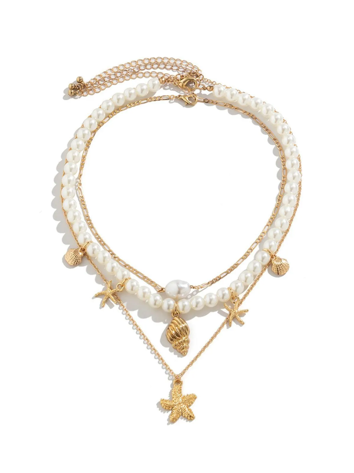 Starfish Seashell Pearl Layered Chain Necklace sold by Retro Stage