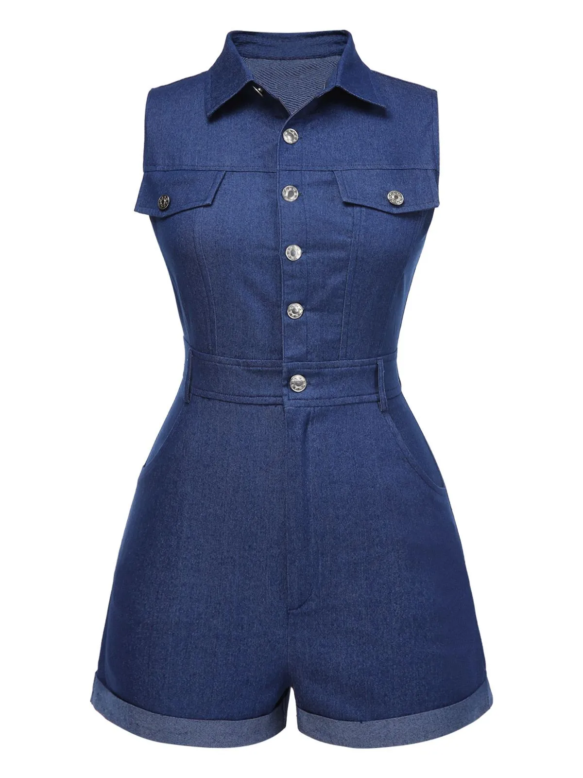Blue 1970s Solid Cotton Sleeveless Denim Romper sold by Retro Stage product image thumbnail 5