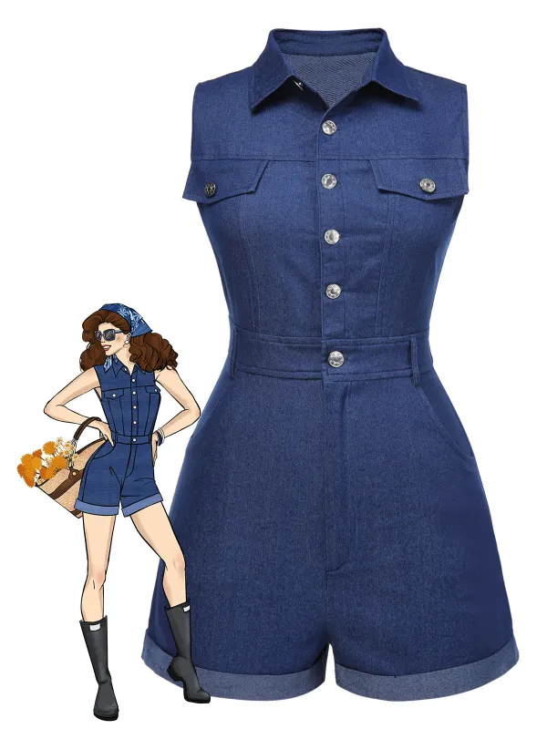 Blue 1970s Solid Cotton Sleeveless Denim Romper sold by Retro Stage
