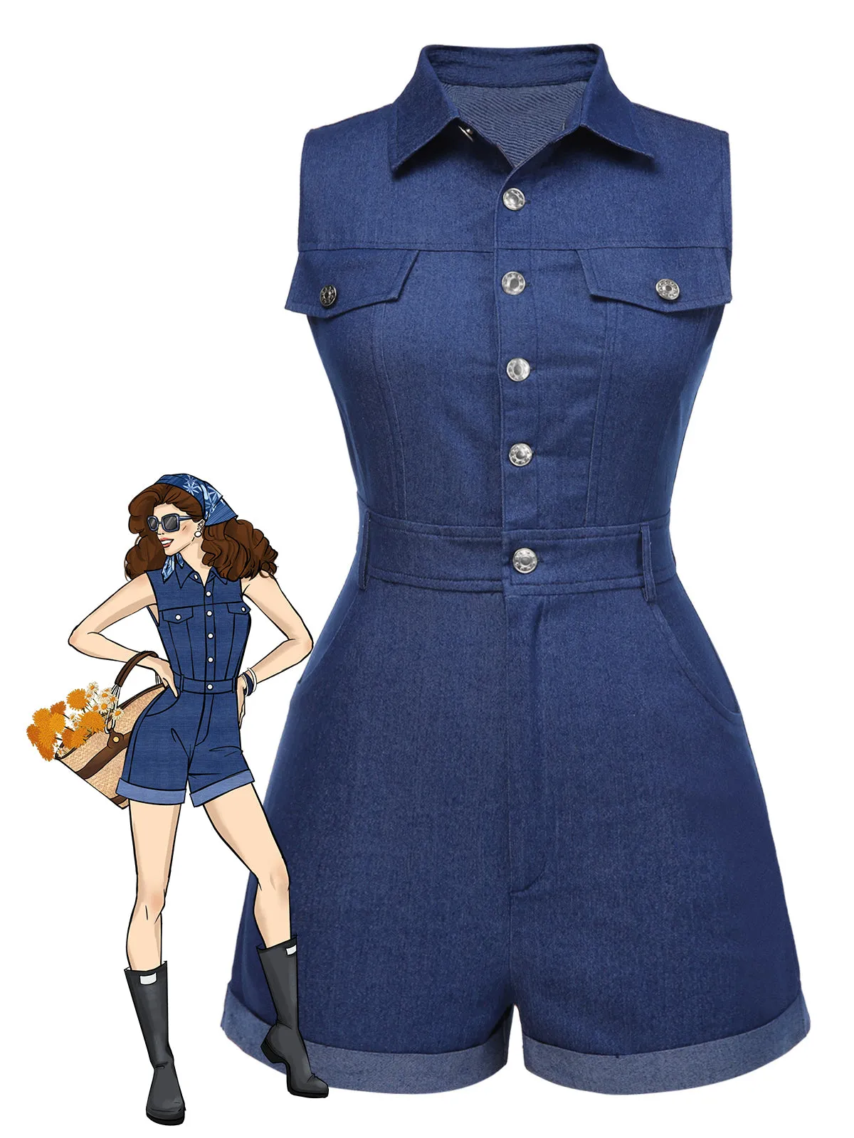 Blue 1970s Solid Cotton Sleeveless Denim Romper sold by Retro Stage