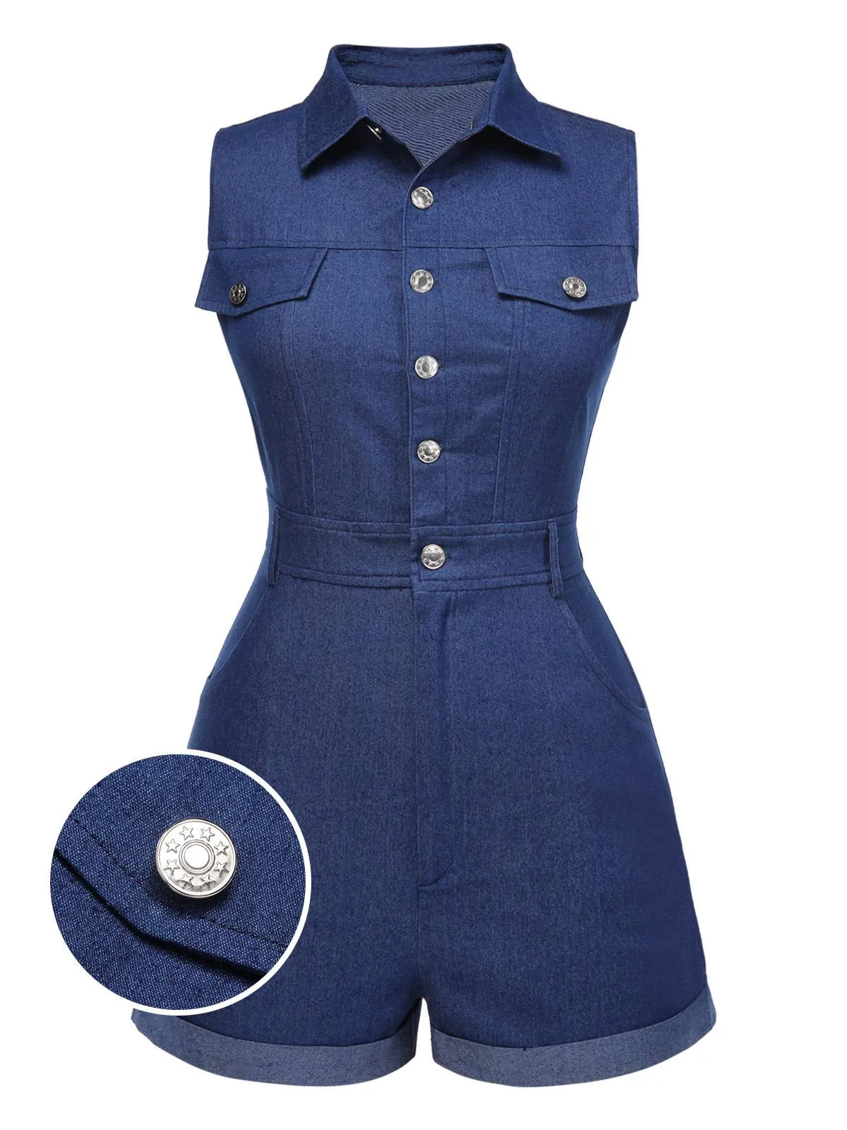 Blue 1970s Solid Cotton Sleeveless Denim Romper sold by Retro Stage product image thumbnail 4