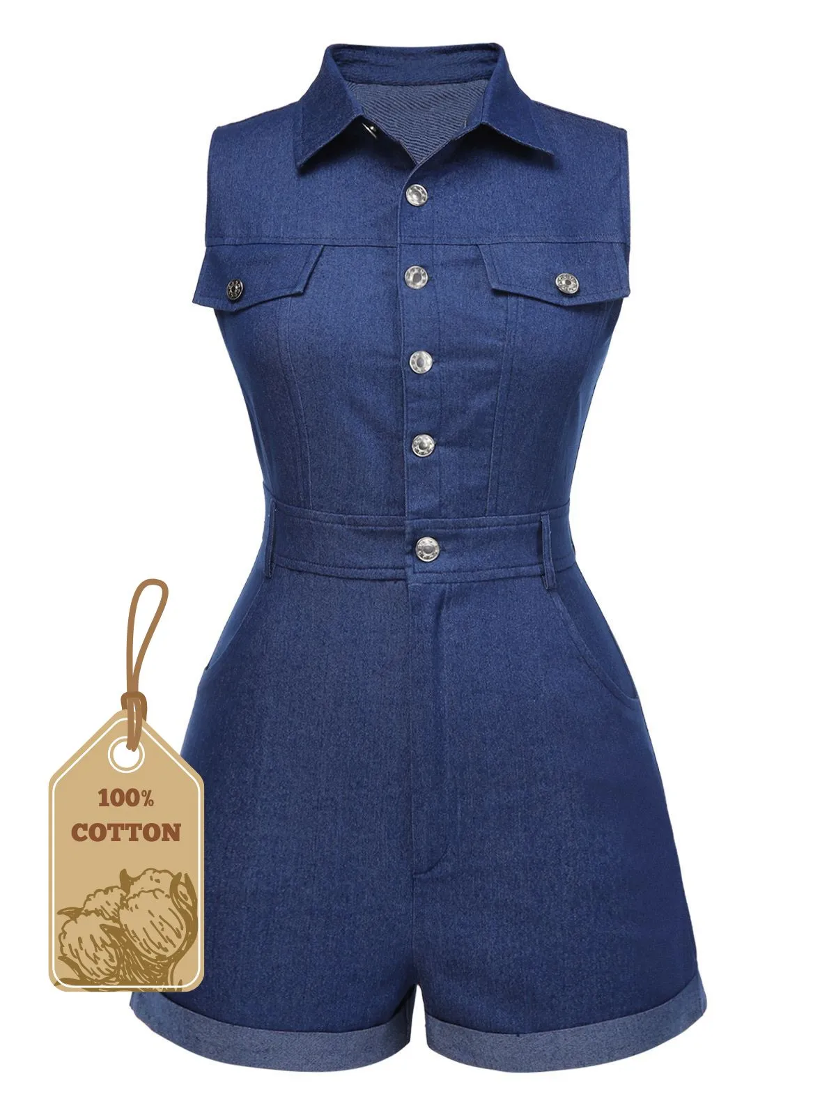 Blue 1970s Solid Cotton Sleeveless Denim Romper sold by Retro Stage product image thumbnail 3