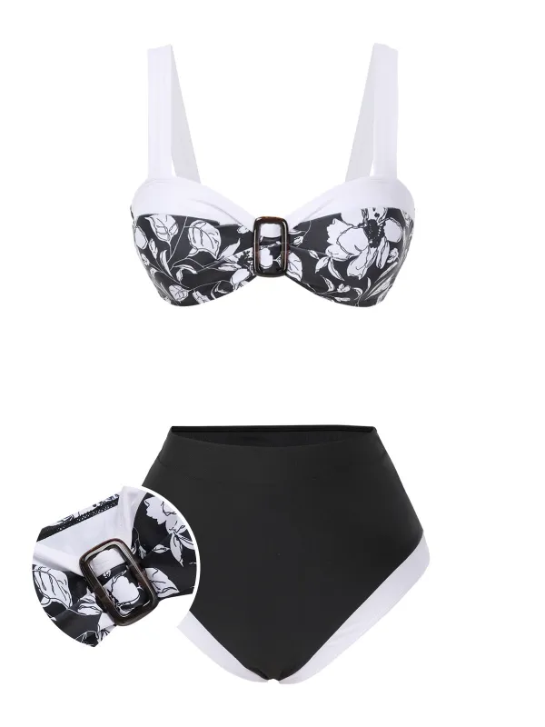 Black 1940s Hepburn Silhouette Floral Bikini Set sold by Retro Stage