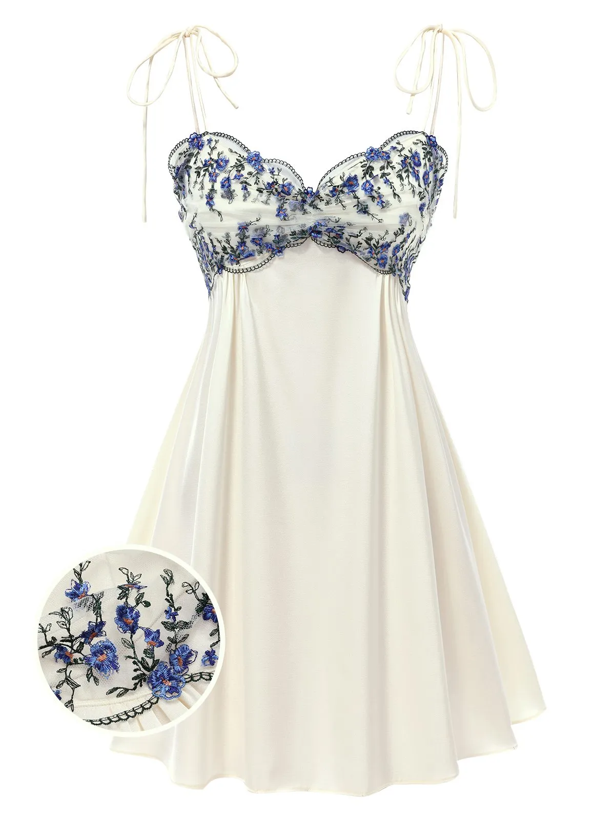 Beige 1940s Floral Embroidered Spaghetti Straps Nightgown sold by Retro Stage