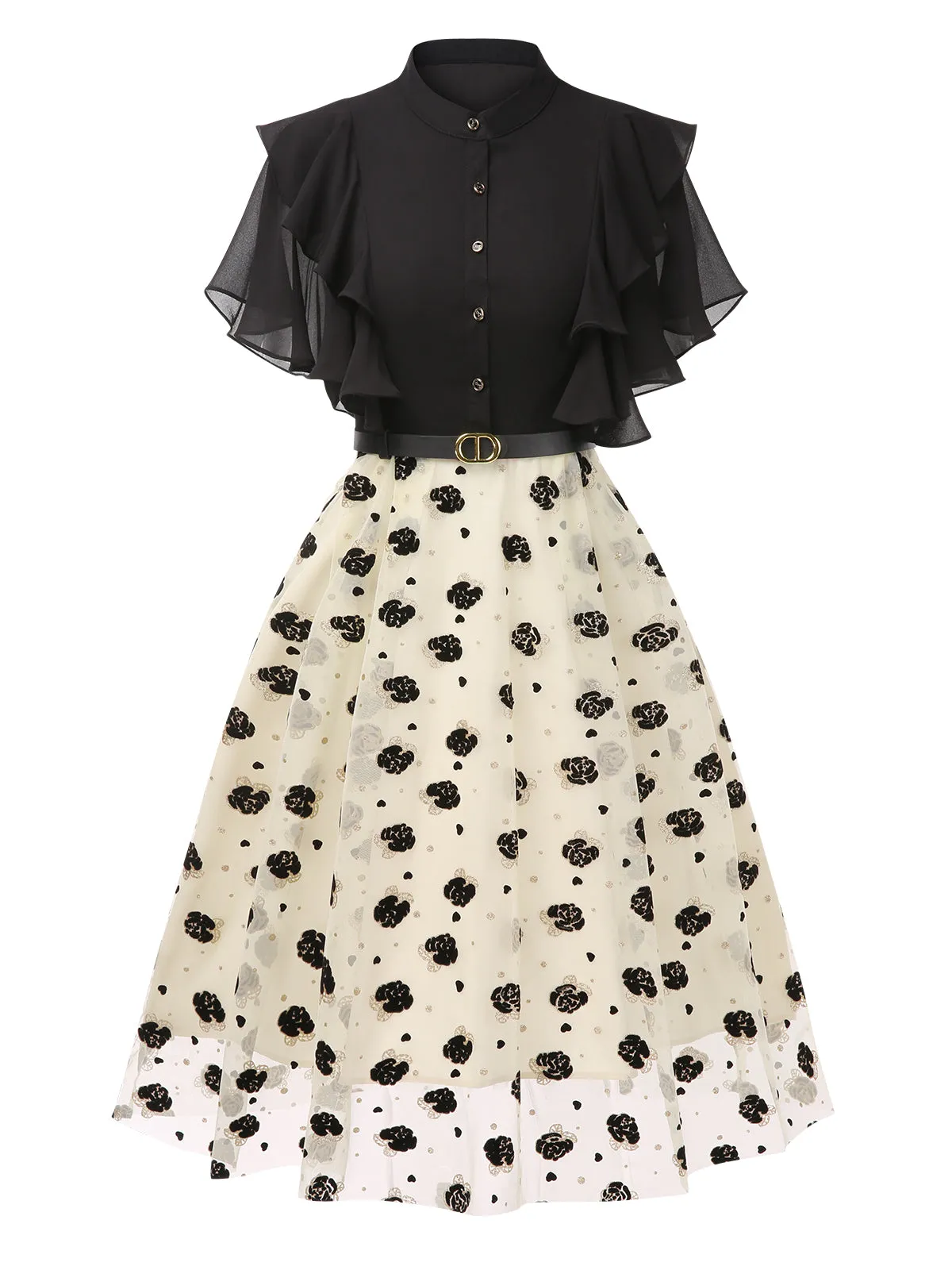 Black 1950s 3D Floral Ruffle A-line Dress sold by Retro Stage product image thumbnail 2