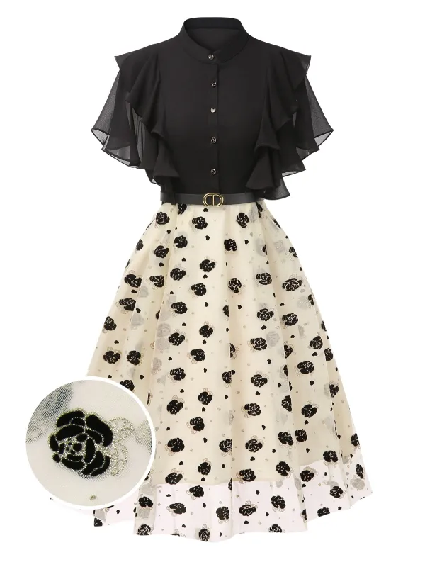 Black 1950s 3D Floral Ruffle A-line Dress sold by Retro Stage