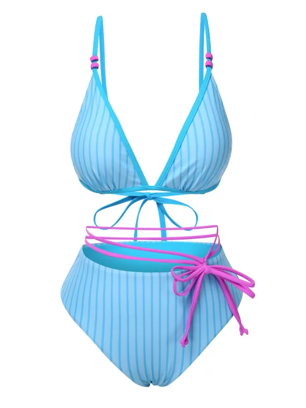 Sky Blue 1960s Striped Lace-Up Bow Bikini Set sold by Retro Stage