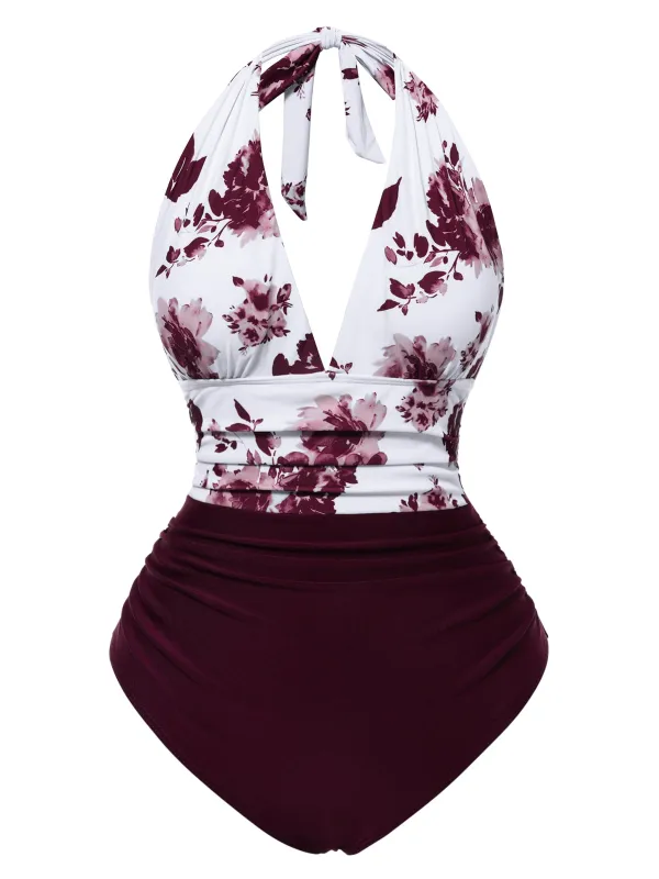 1940s Halter Floral Ruched One-piece Swimsuit sold by Retro Stage