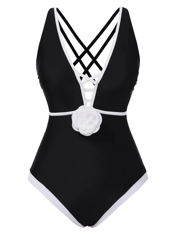 Black 1950s 3D Flower Patchwork One-Piece Swimsuit sold by Retro Stage