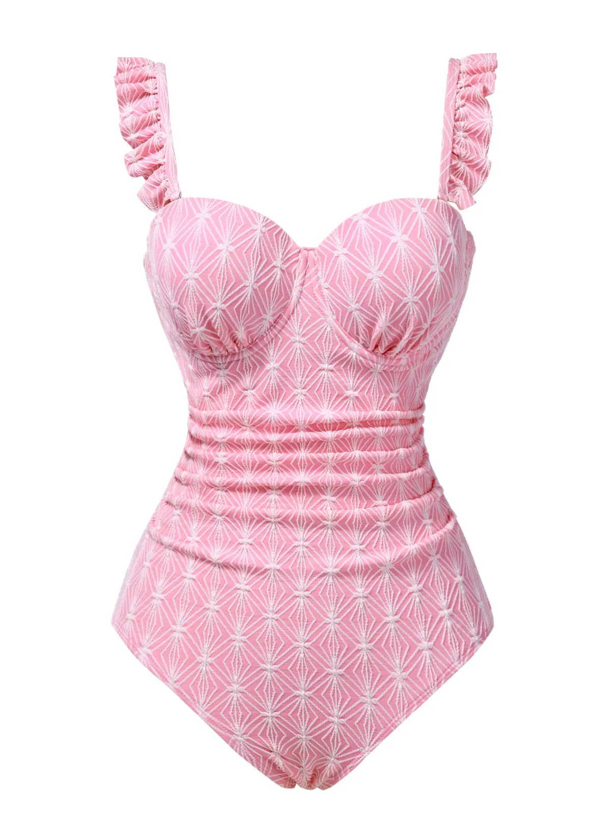 Pink 1950s Geometric Ruffled One-Piece Swimsuit sold by Retro Stage