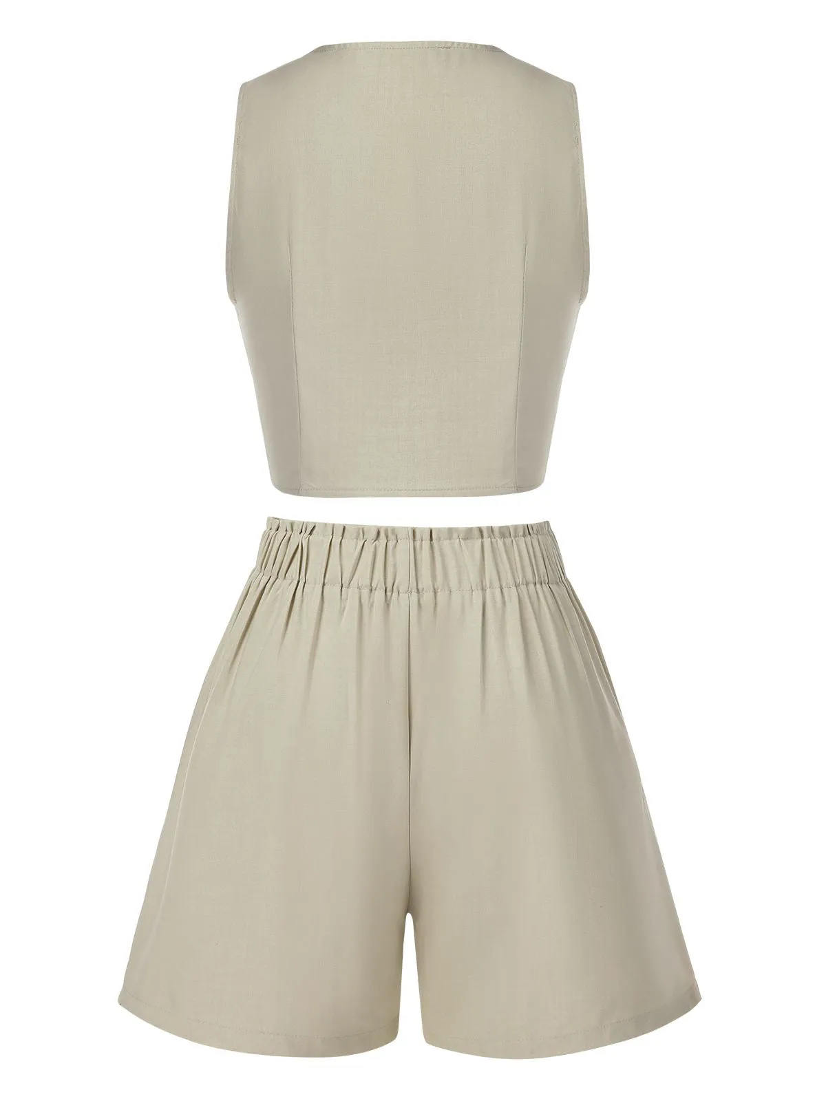 2PCS Light Khaki 1950s Solid V-Neck Vest & Shorts sold by Retro Stage product image thumbnail 2