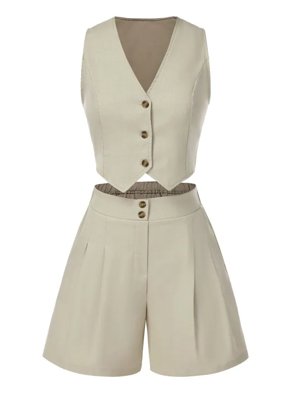 2PCS Light Khaki 1950s Solid V-Neck Vest & Shorts sold by Retro Stage
