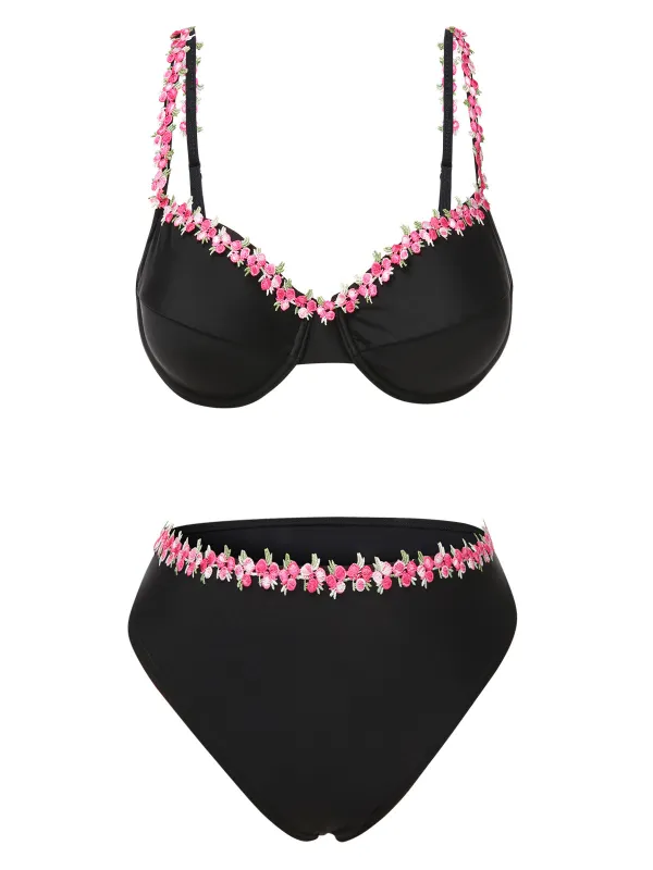 Black 1950s 3D Floral Spaghetti Straps Bikini Set made by Retro Stage