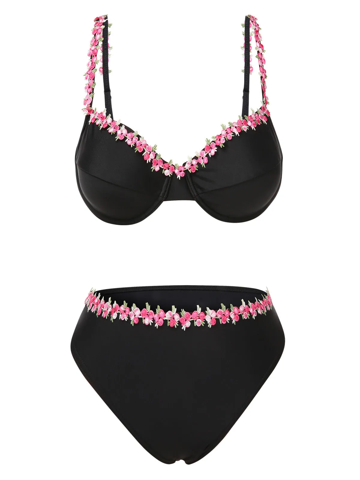 Black 1950s 3D Floral Spaghetti Straps Bikini Set sold by Retro Stage