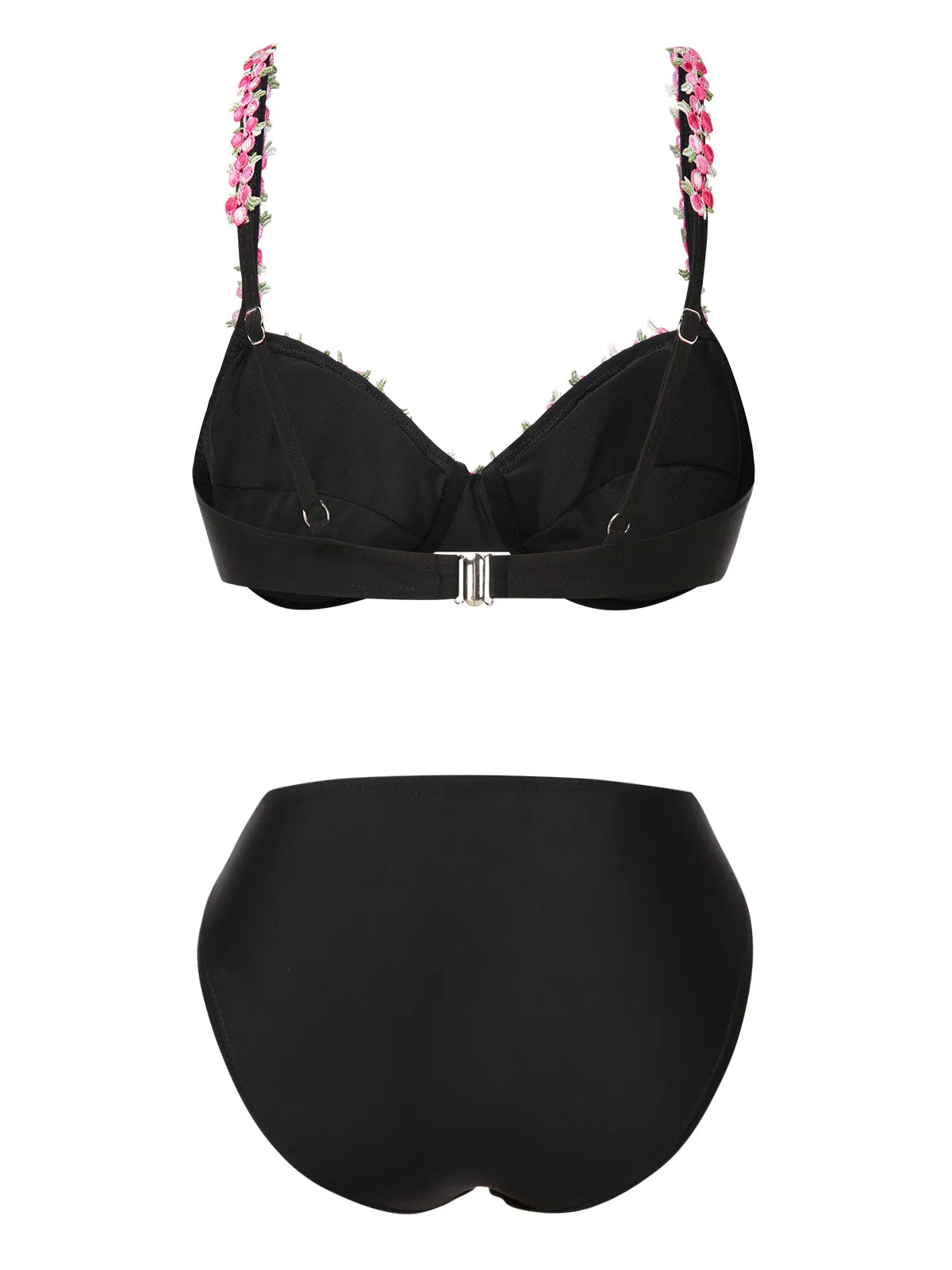 Black 1950s 3D Floral Spaghetti Straps Bikini Set sold by Retro Stage product image thumbnail 2