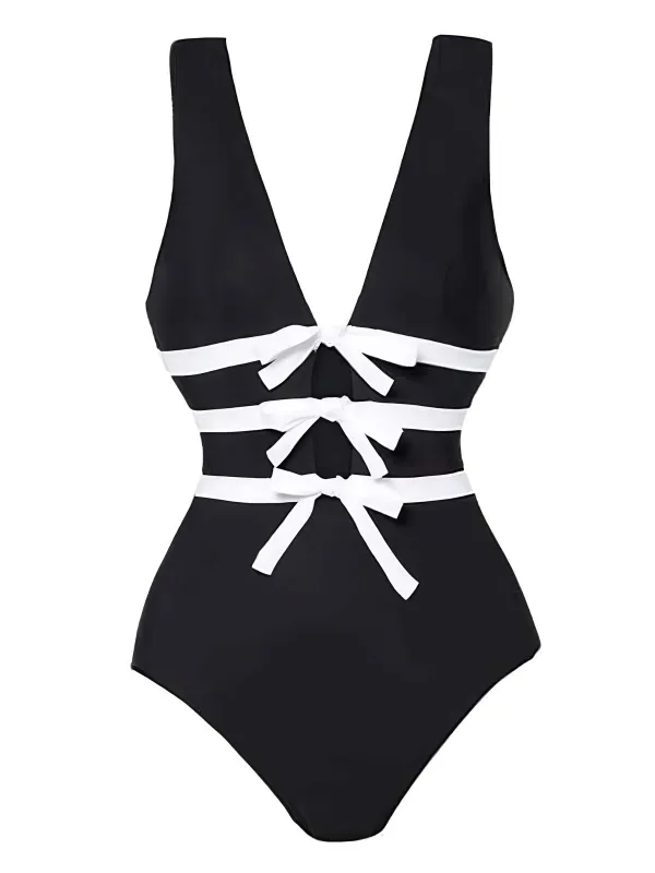 2PCS Black 1940s Bow One-Piece Swimsuit & Swim Skirt sold by Retro Stage