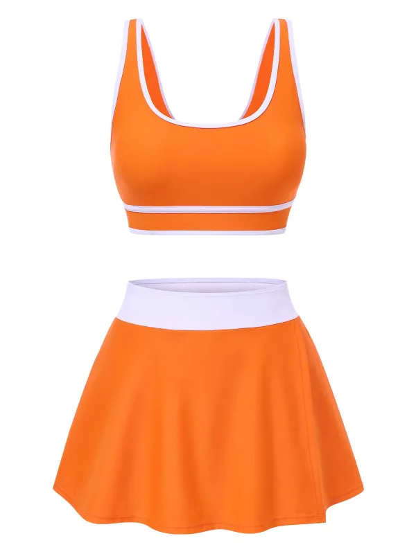 2PCS 1940s Square Neck Side Slit Colorblock Skirt Swimsuit sold by Retro Stage