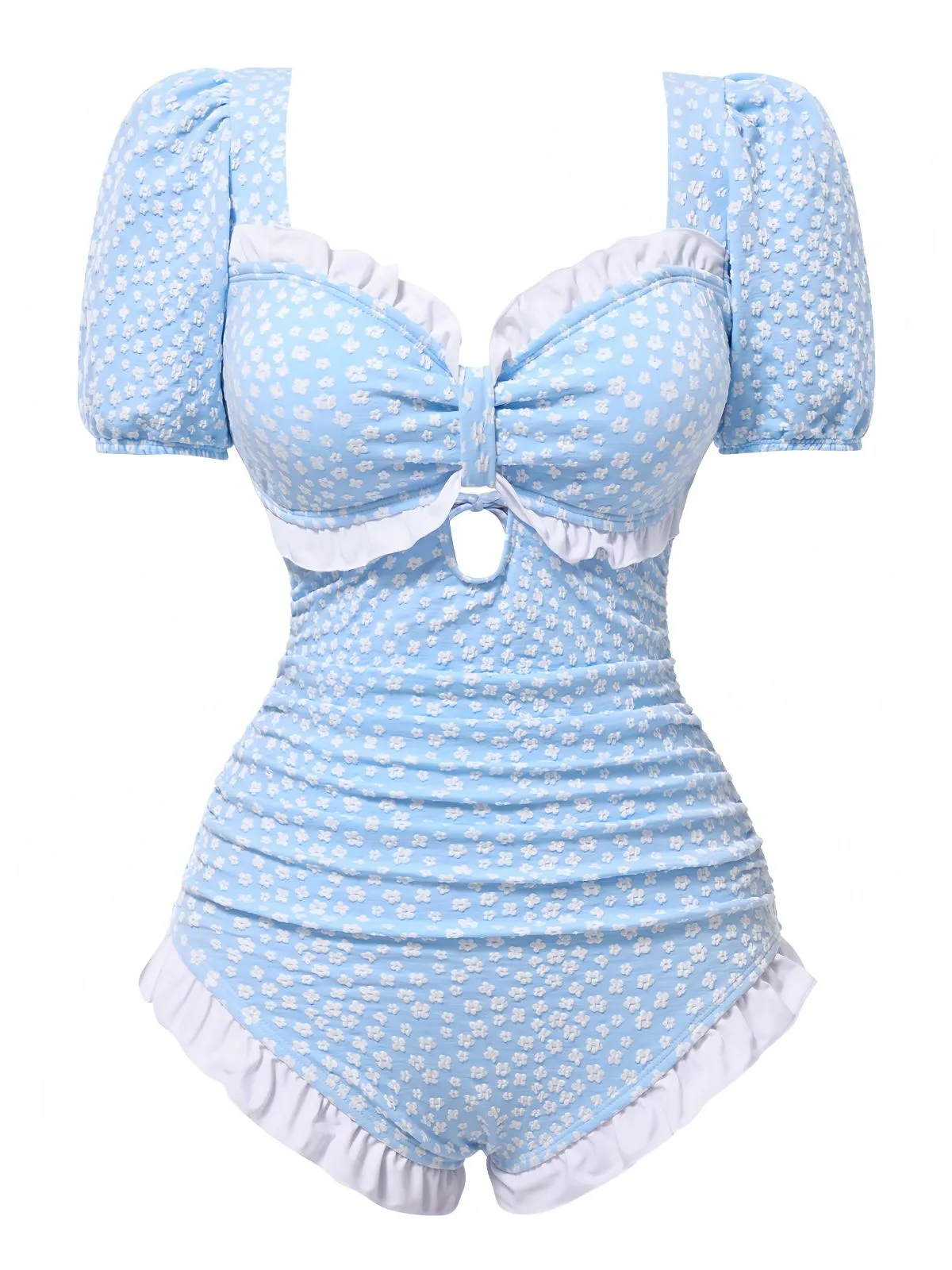 Blue 1940s Ditsy Floral Ruffles One-Piece Swimsuit sold by Retro Stage