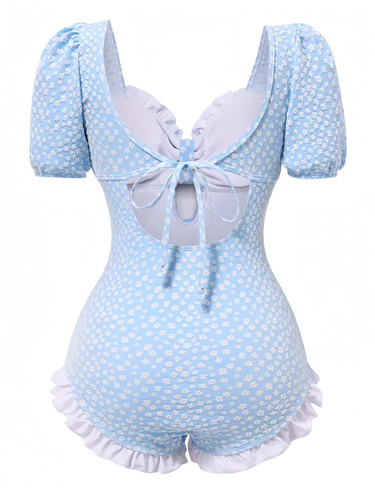 Blue 1940s Ditsy Floral Ruffles One-Piece Swimsuit sold by Retro Stage product image thumbnail 2