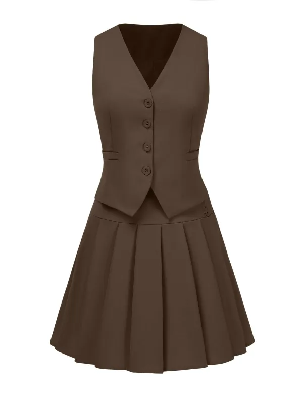 2PCS 1960s Solid Buttons Vest & Pleated Skirt sold by Retro Stage