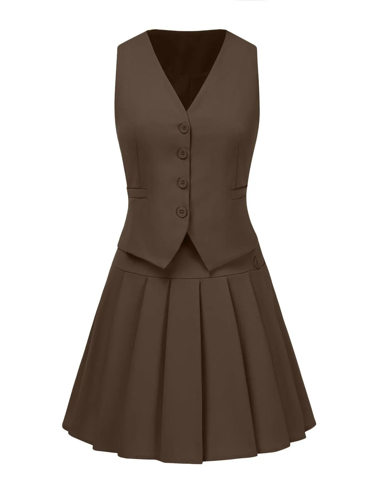 2PCS 1960s Solid Buttons Vest & Pleated Skirt sold by Retro Stage