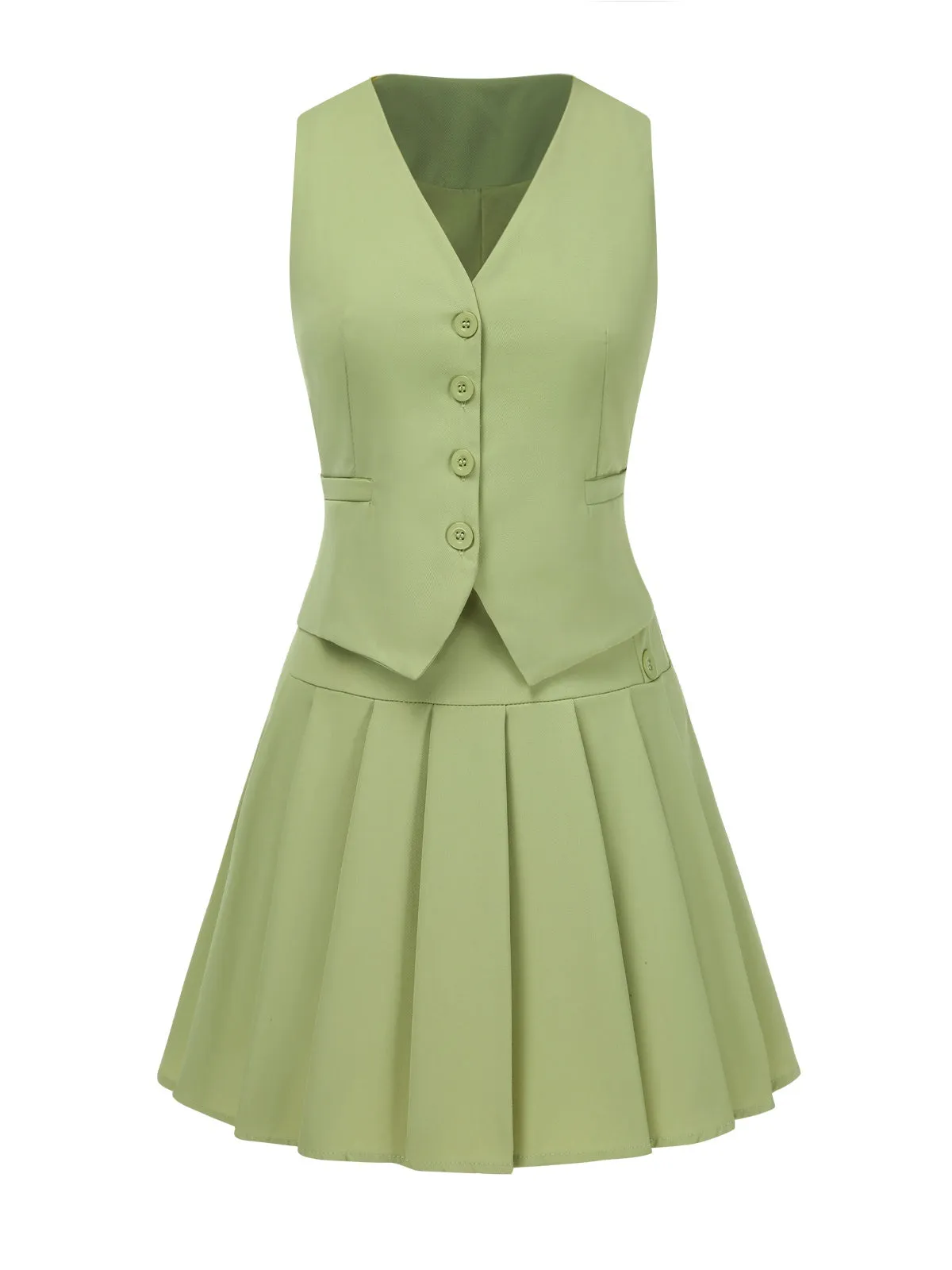 2PCS 1960s Solid Buttons Vest & Pleated Skirt sold by Retro Stage product image thumbnail 3